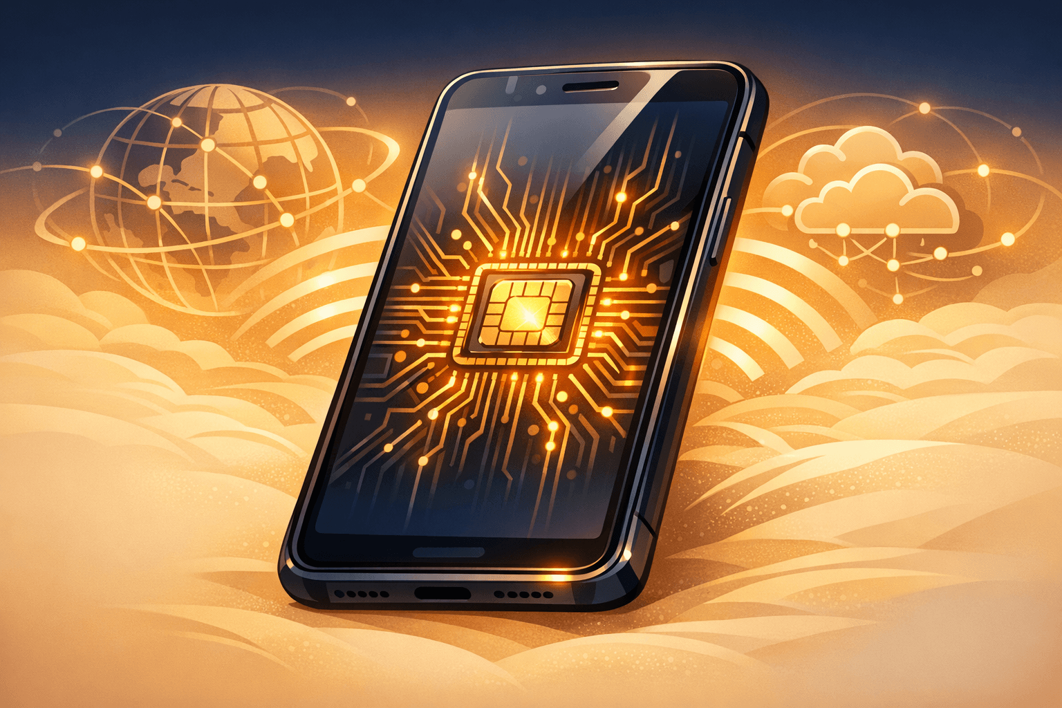 Cartoon illustration of a traveler using an eSIM on a smartphone