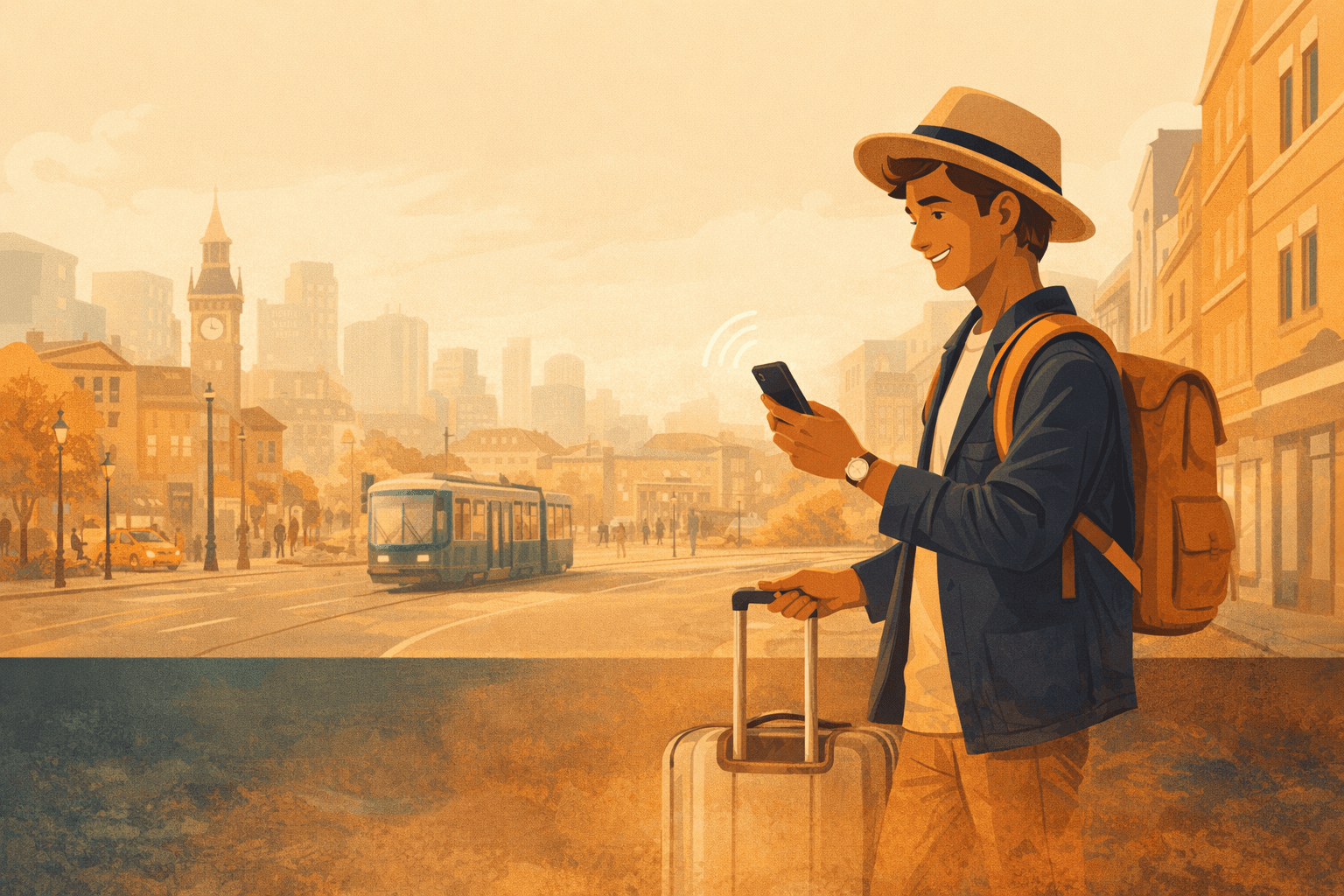 Cartoon traveler staying connected abroad with eSIM data